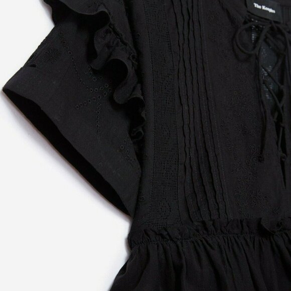 Kooples Ruffle Cotton Blouse Womens XS Black Short Sleeve Embroidery Whimsigoth - Picture 4 of 6